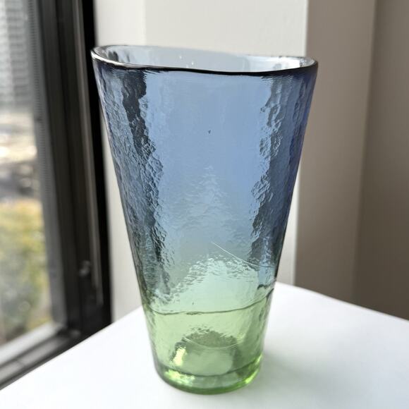 Blue & Green Hand Blown Textured Glass Vase 6 1/2" Contemporary Modern Handmade - Picture 1 of 10